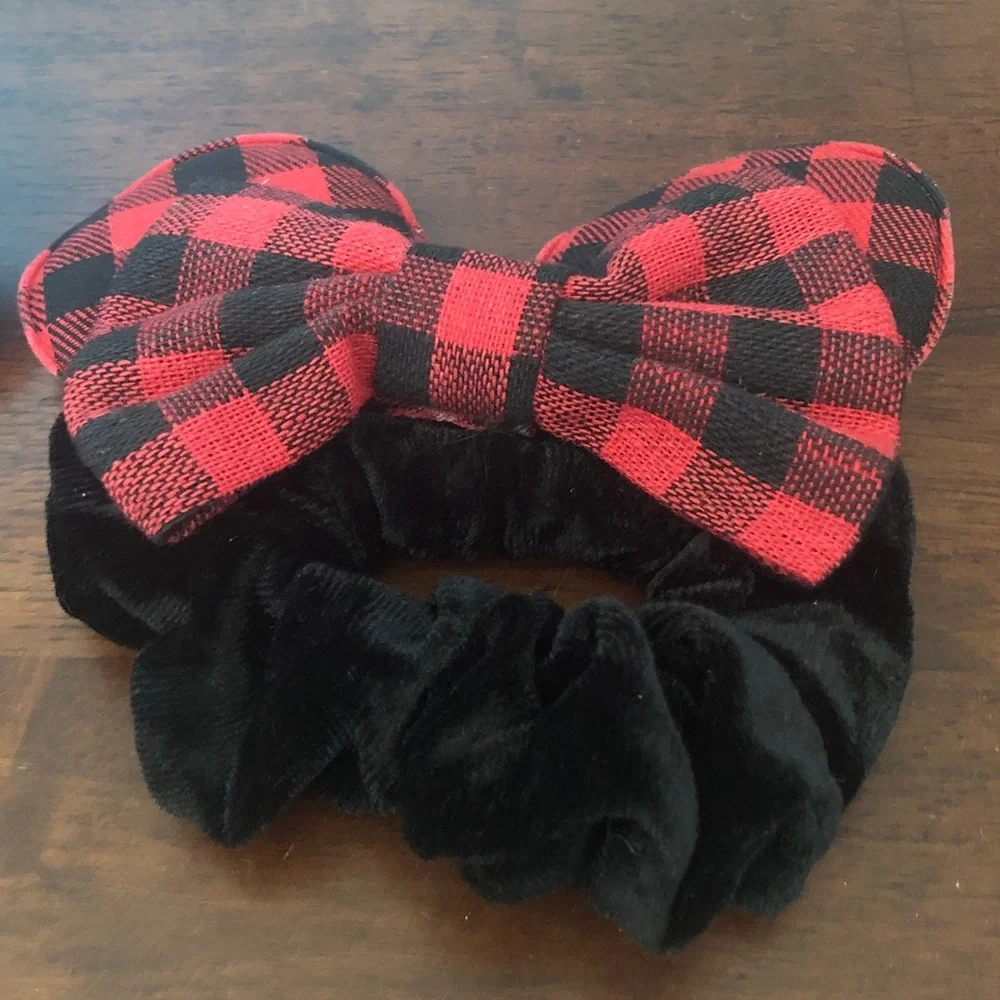 Handmade Women’s Minnie-Style Ear Scrunchie with Sequin Bow & Plaid Bow